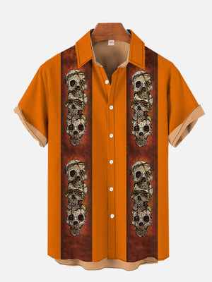 Retro Orange Striped Skull Skewers Hawaiian Shirt