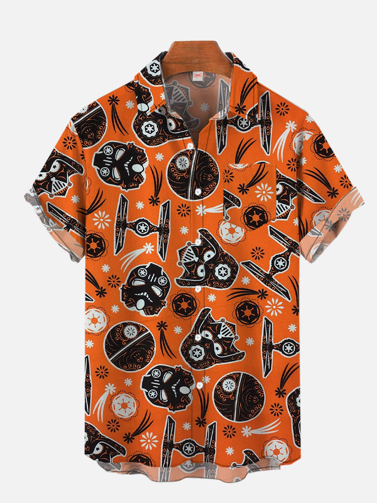 Orange Space Wars Flying Machines And Sugar Skull Hawaiian Shirt