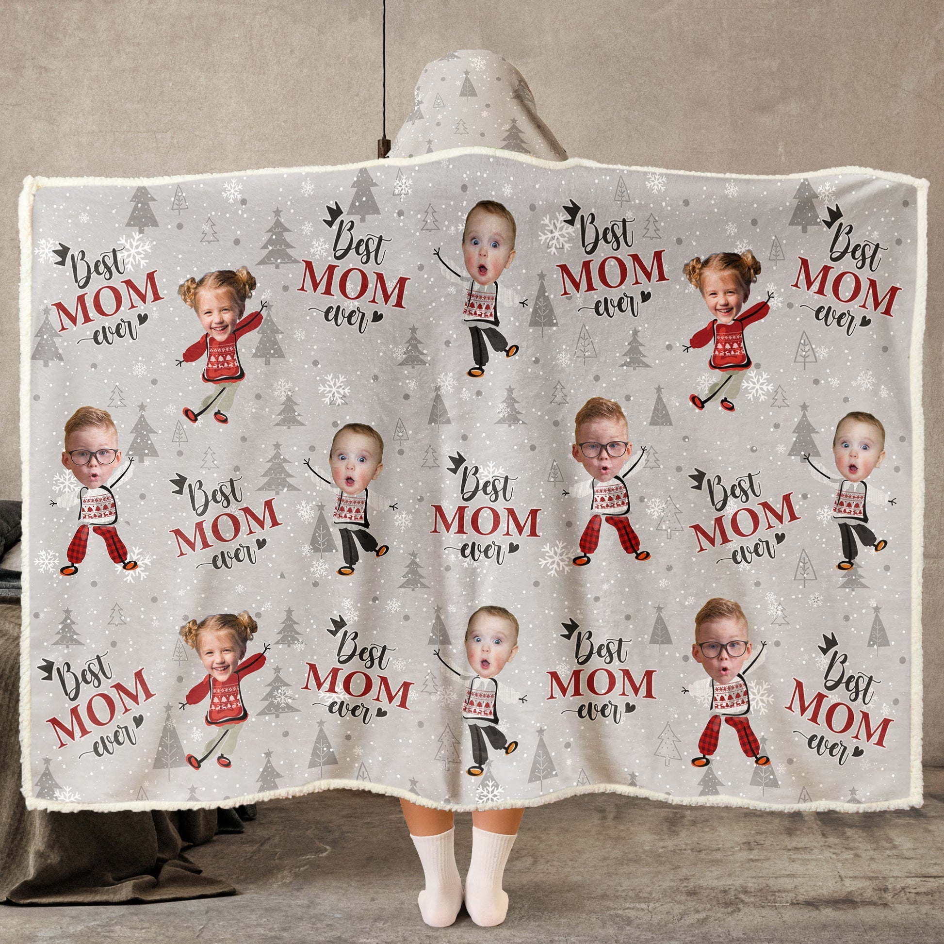 Custom Photo Christmas Spirit Best Mom Ever - Personalized Wearable Hooded Blanket - Gift For Grandma, Mom - NA94