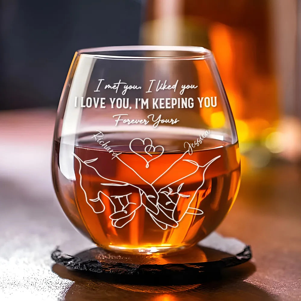 The Day I Met You - Personalized Stemless Wine Glass - Gift For Couple, Husband Wife, Wedding, Engagement, Marriage Gift - NA94