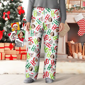 Custom Photo Funny Dog Cat Pet Human Faces Ho Ho Ho - Gift For Family Members, Friends - Personalized Pajama Pants - NA94