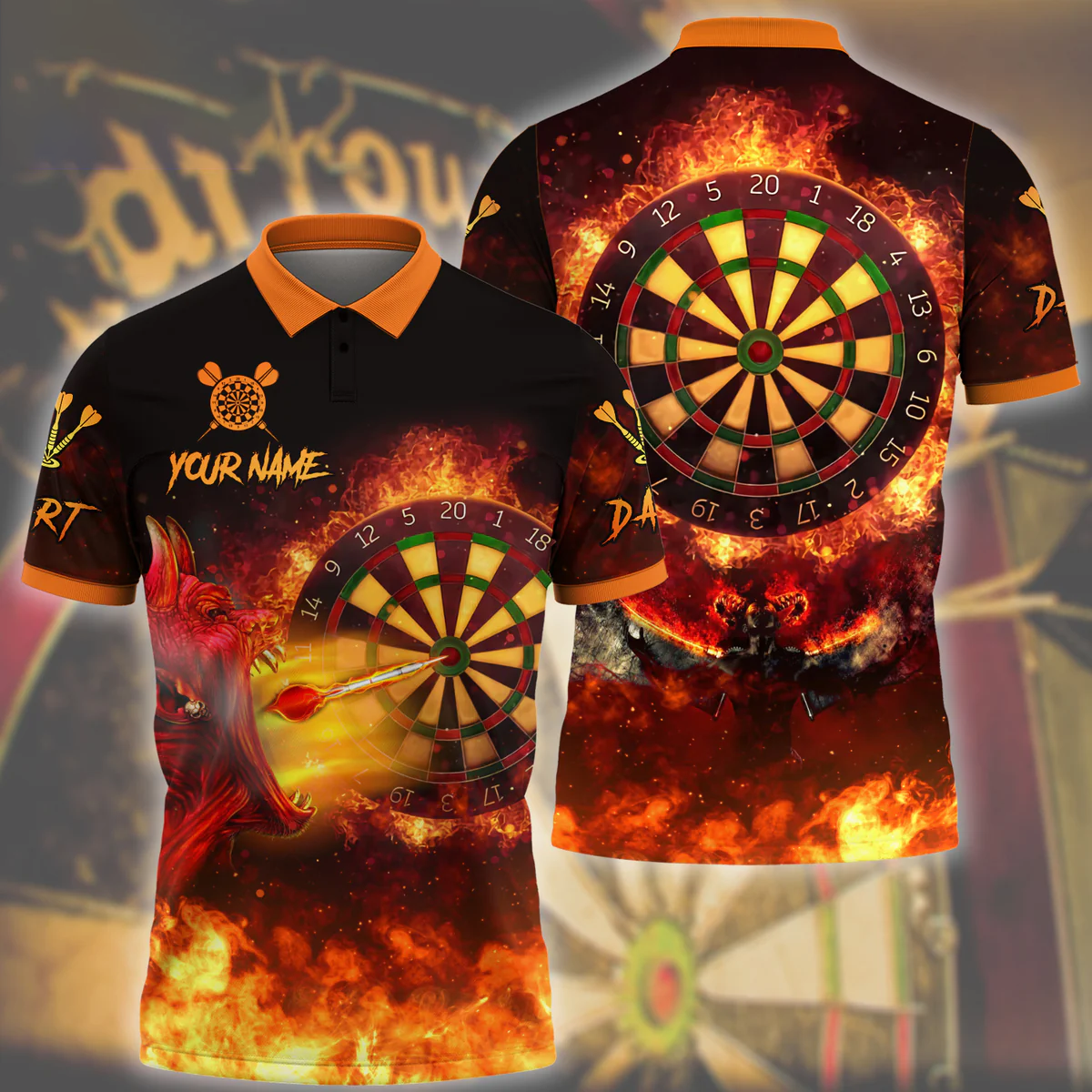 Personalized Name Darts Devils Skull Fire All Over Printed Polo Shirt