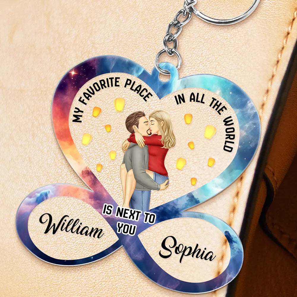 Kissing Couple My Favorite Place In All The World - Personalized Acrylic Keychain - Gift For Couple, Husband Wife, Anniversary, Engagement, Wedding, Marriage Gift - GR7 NA94