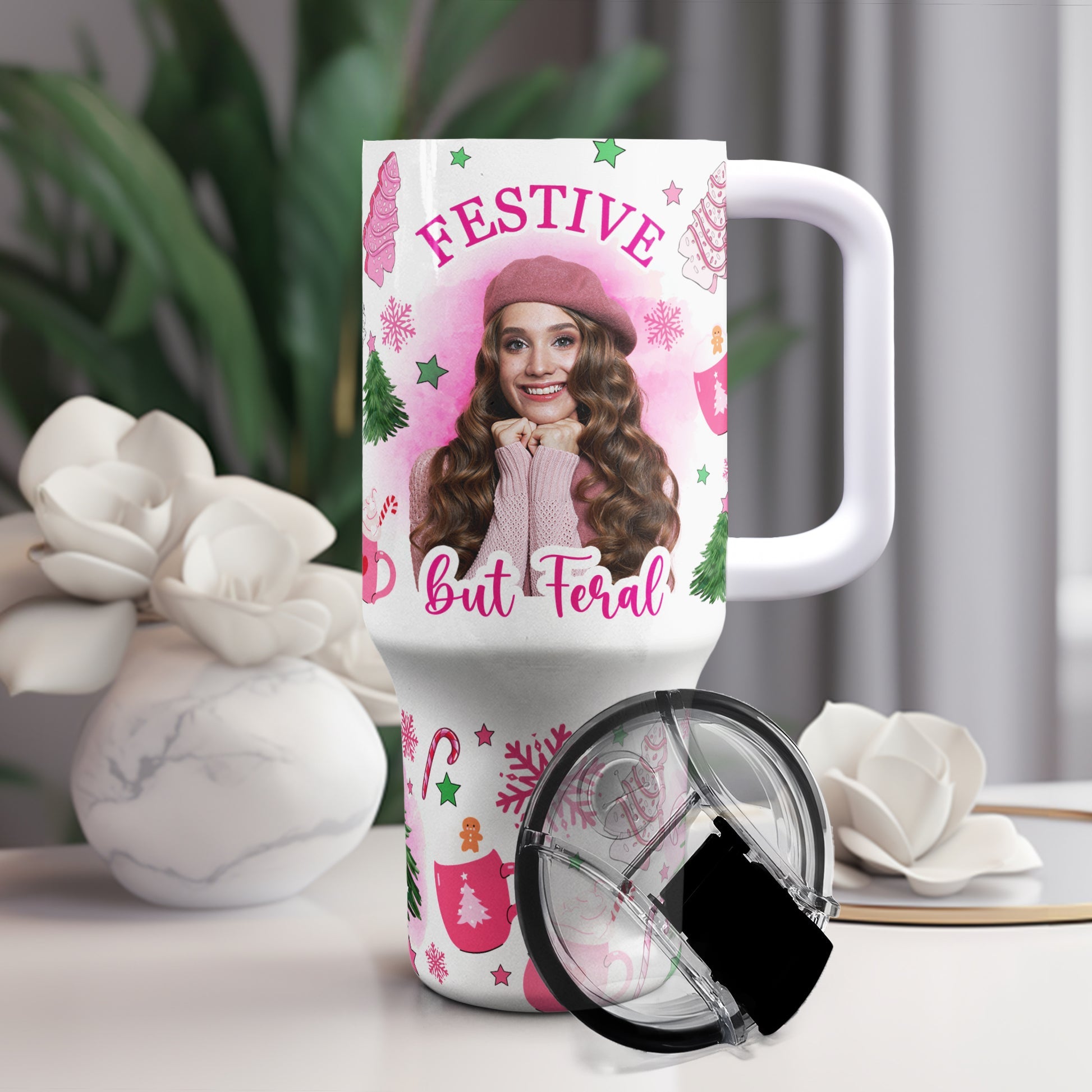 Custom Photo  Festive But Feral - Personalized 40oz Tumbler Cup With Straw - Christmas Gift For Girlfriend, Besties, Mom NA94