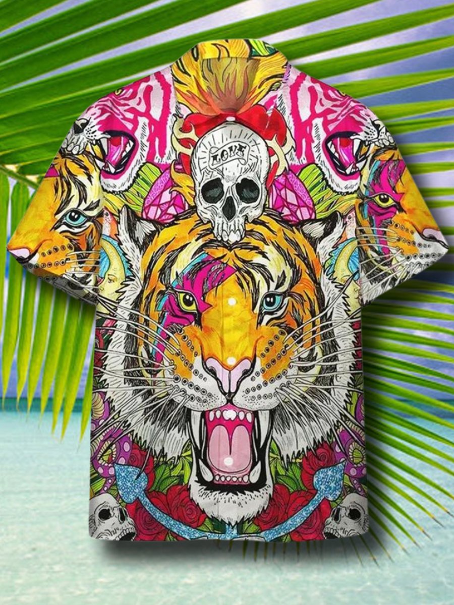 Skull Tigers Print Short Sleeve Summer Hawaiian Shirt