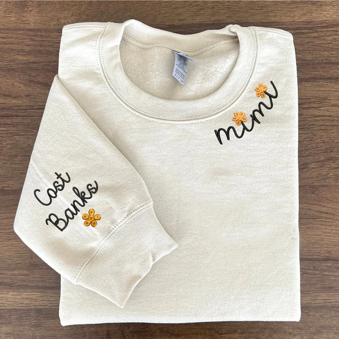 Custom Text Mimi Flower And Grandkids - Embroidered Hoodie, Sweatshirt, Tshirt - Gift for Grandma