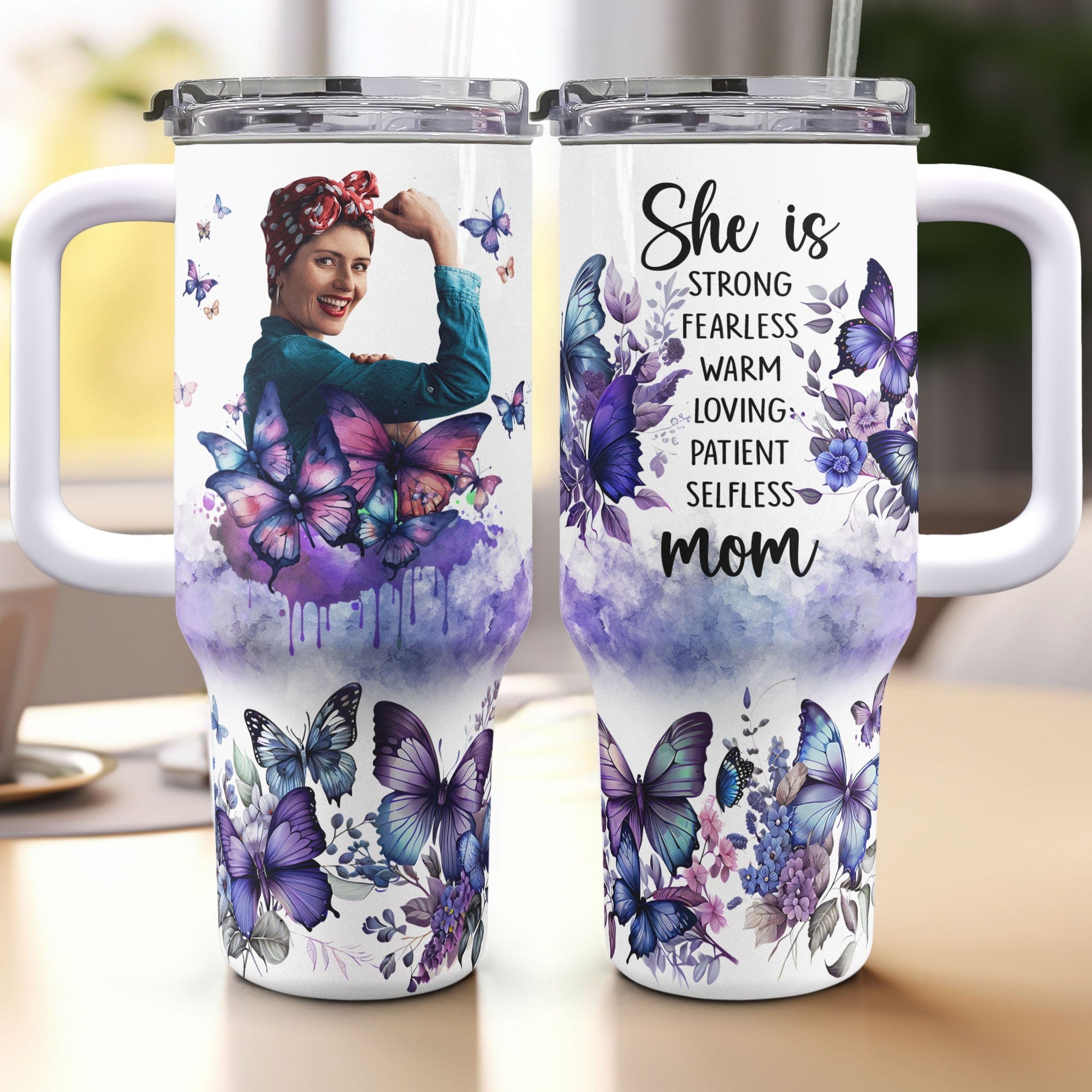 Custom Photo She Is Strong, Fearless, Warm Mom - Personalized 40oz Tumbler Cup With Straw - Gift For Mom, Mothers Day NA94