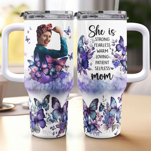 Custom Photo She Is Strong, Fearless, Warm Mom - Personalized 40oz Tumbler Cup With Straw - Gift For Mom, Mothers Day NA94