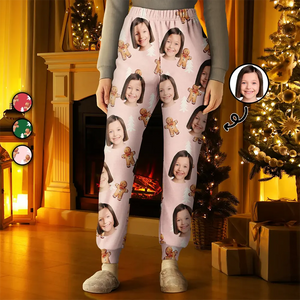 Custom Photo Human Pets Face Gingerbread Pattern - Gift For Family Members, Friends - Personalized Pajama Pants - NA94