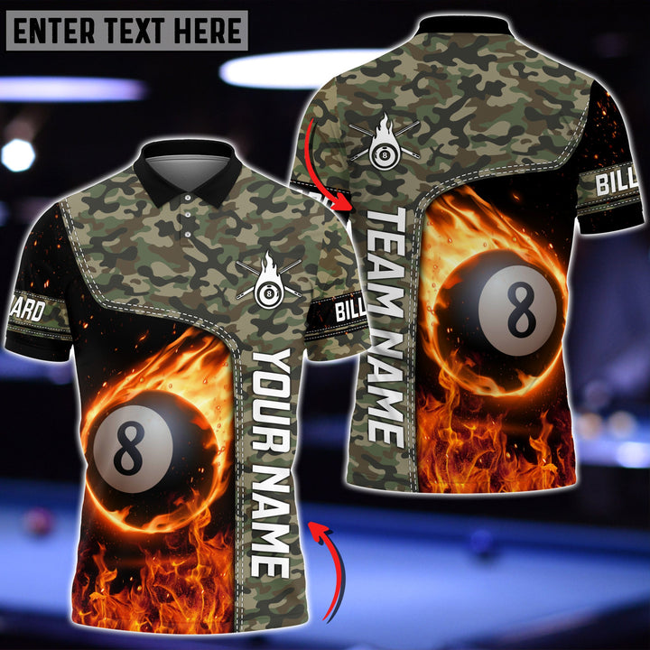 Personalized Name 8 Ball All Over Printed Shirt, Camo Pattern Billiard Polo Shirt