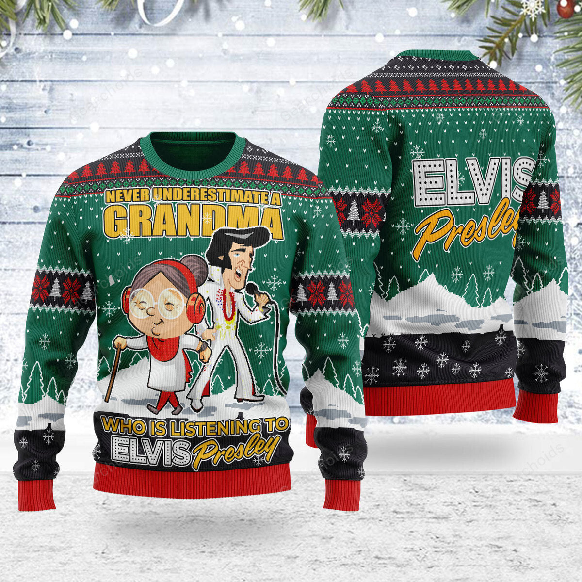Elvis With Grandma  - Ugly Christmas Sweater