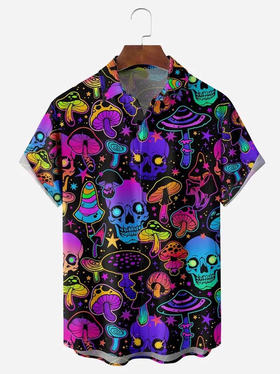 Skull Mushroom Chest Pocket Short Sleeves Casual Shirt