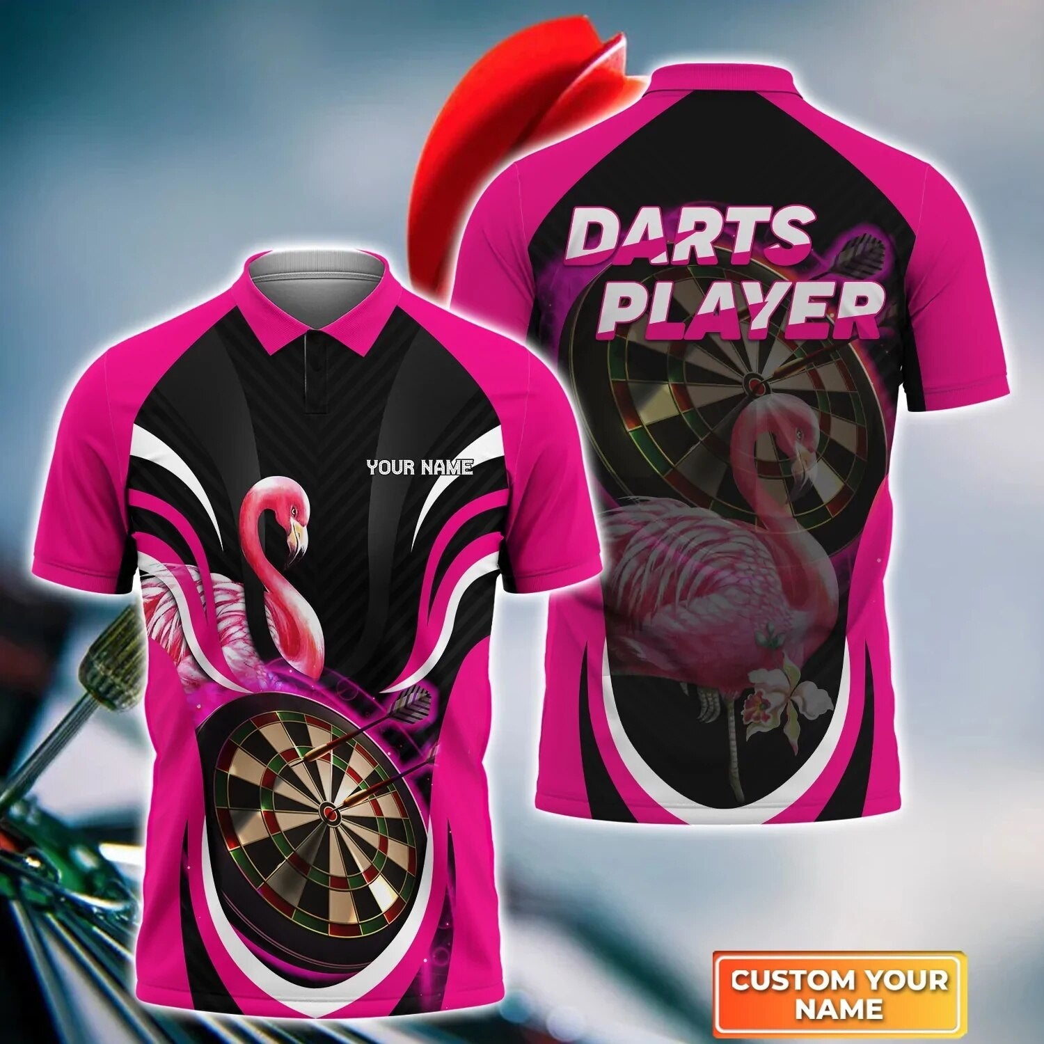 Personalized Dart Flamingo Black And Pink Flamingo Dart Polo Shirt