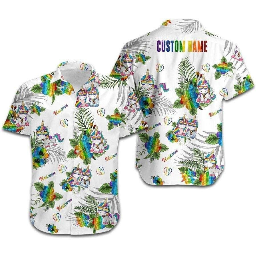 Personalized LGBT Unicorn Hawaiian Shirt, Hibiscus Custom Name Hawaiian Shirt