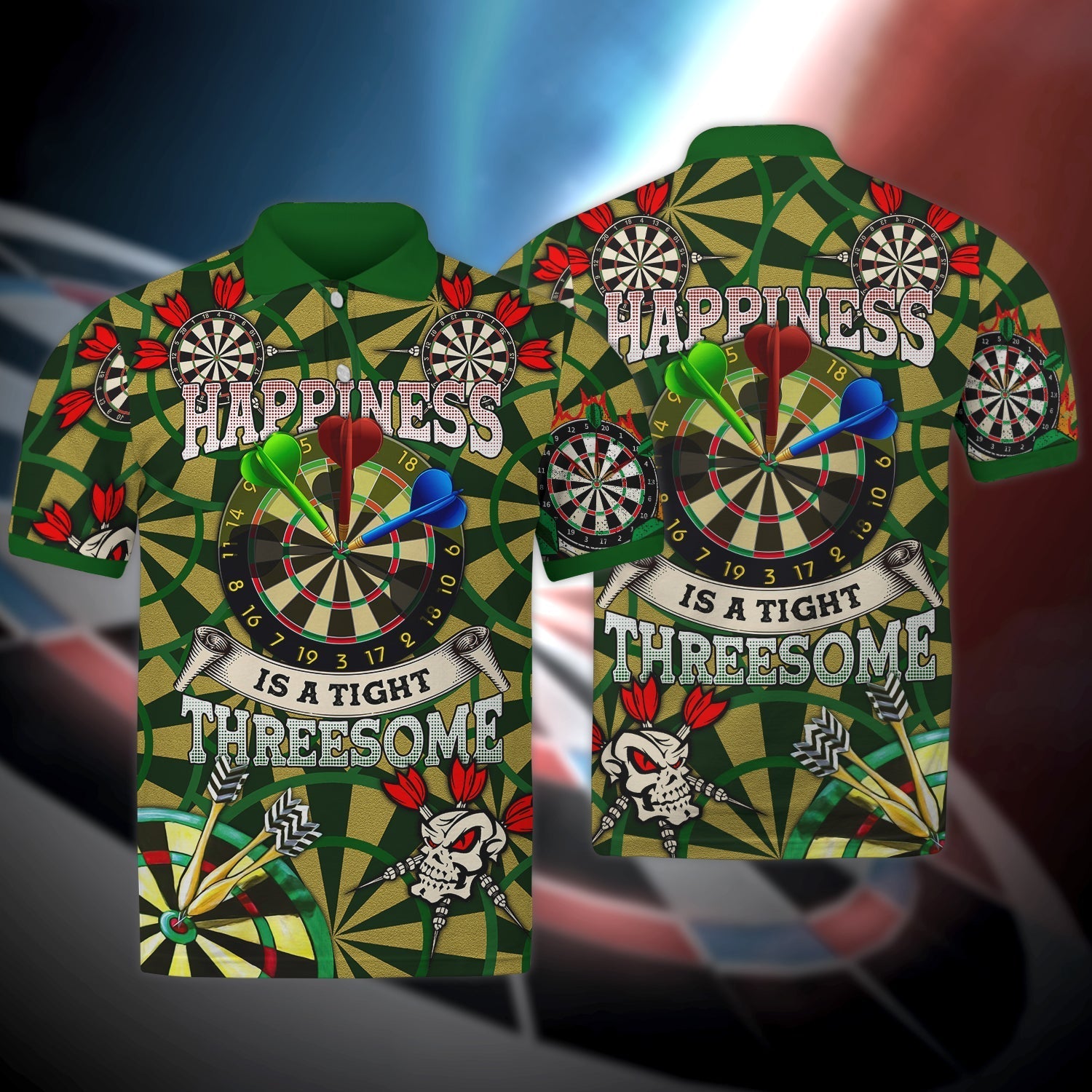 Happiness Is A Tight Threesome Darts 3D All Over Print Dart And Skull Polo Shirt