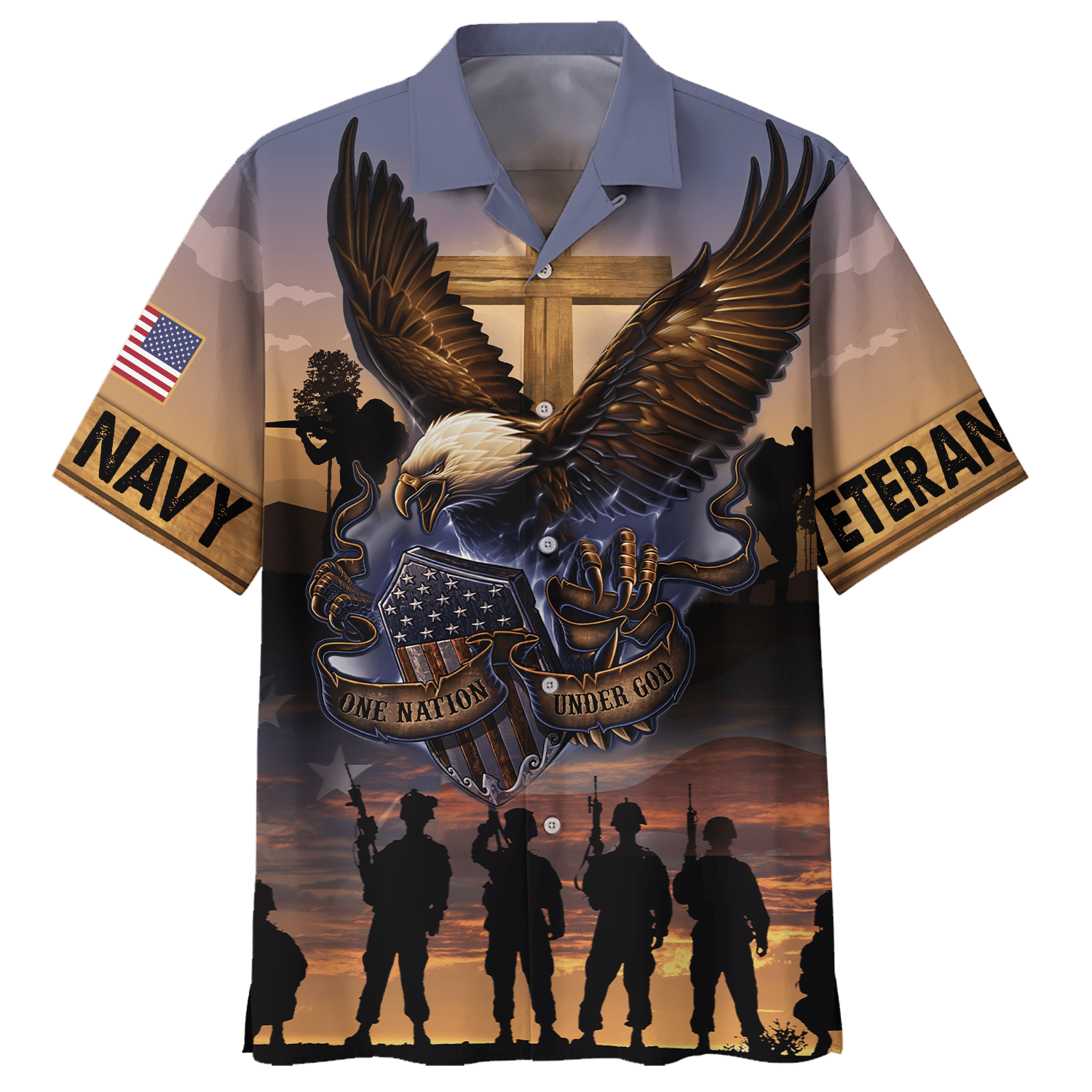 Navy One Nation Under God Eagles And Soldiers U.S Navy Veteran Hawaiian Shirt