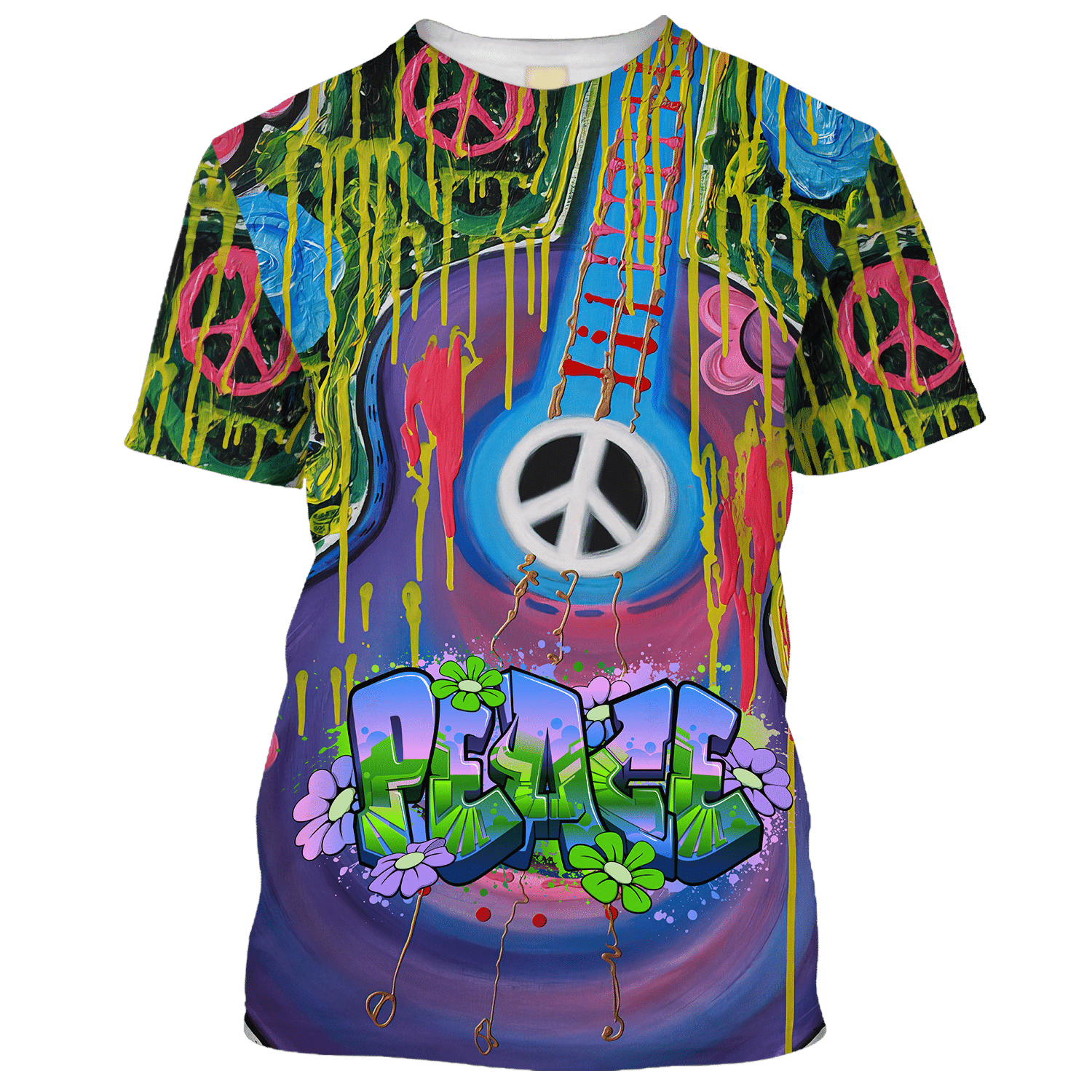 Hippie Music With Guitar And Peace  - T-Shirt