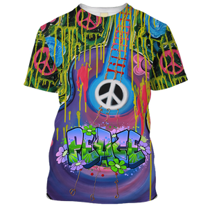 Hippie Music With Guitar And Peace  - T-Shirt