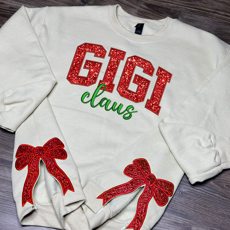 Custom Name Glitter Gigi Claus Mimi, Grandma Christmas  – Custom Side Bow Cut-Out Embellished Sweatshirt Embroidered - Gift For Grandma, Mom - NH96