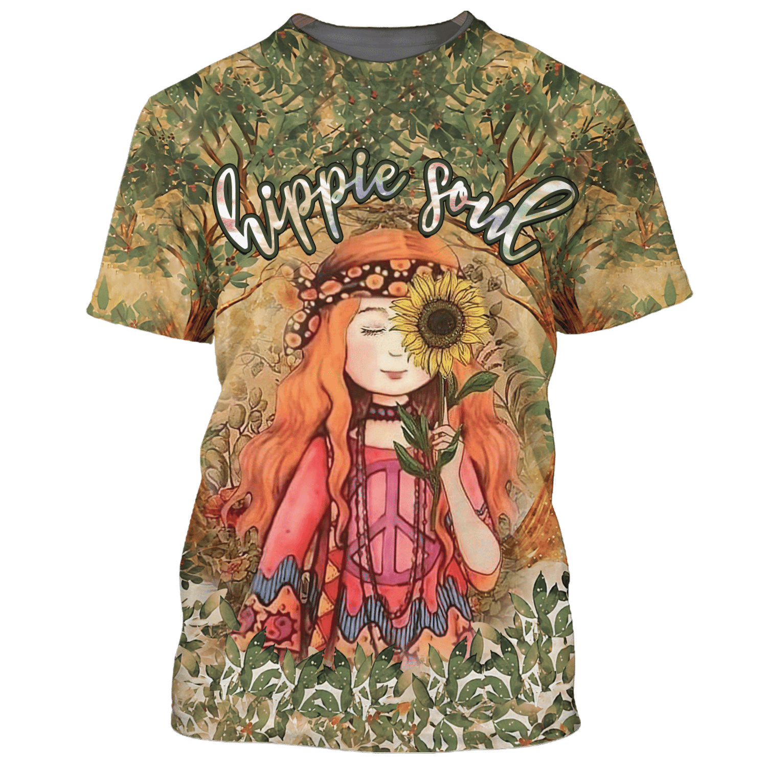 Hippie Girl Holding Sunflowers In The Forest Of Souls - T-Shirt