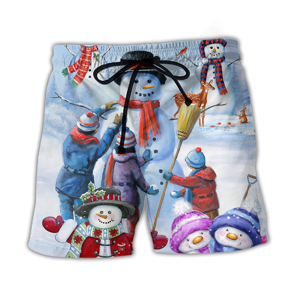 Christmas Snowman Family In Love So Happy Xmas Art Style - Beach Short