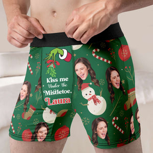 Custom Photo Kiss Me Under The Mistletoe  - Gift For Boyfriend, Husband, Anniversary - Funny Personalized Custom Boxer Briefs, Men's Boxers NH96