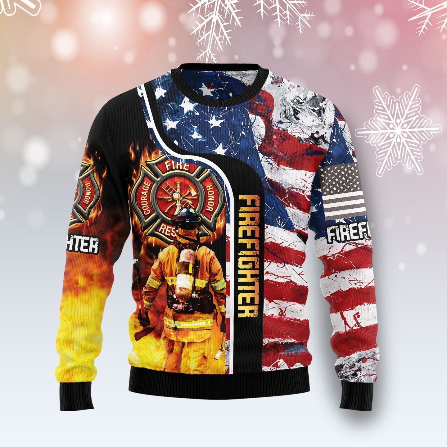 Firefighter USA Flag Christmas Ugly Sweater For Men And Women