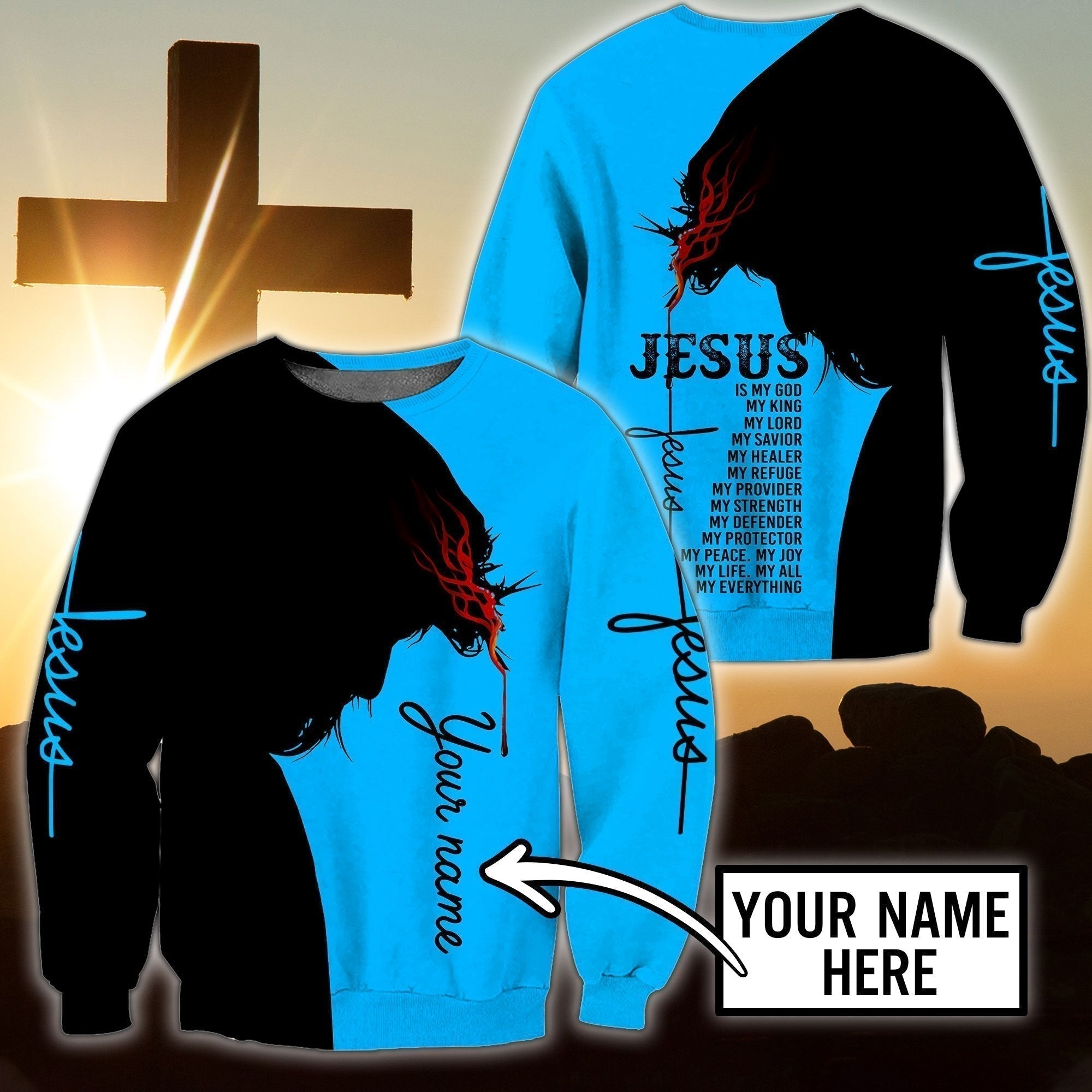 Personalized Christian Jesus Black Blue Sweater For Men & Women