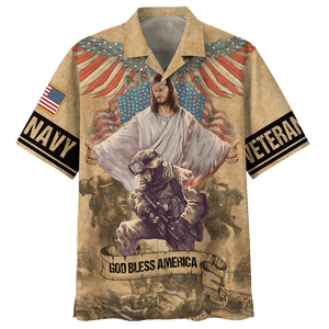 Navy Soldiers and Eagles God Bless America Veteran Hawaiian Shirt