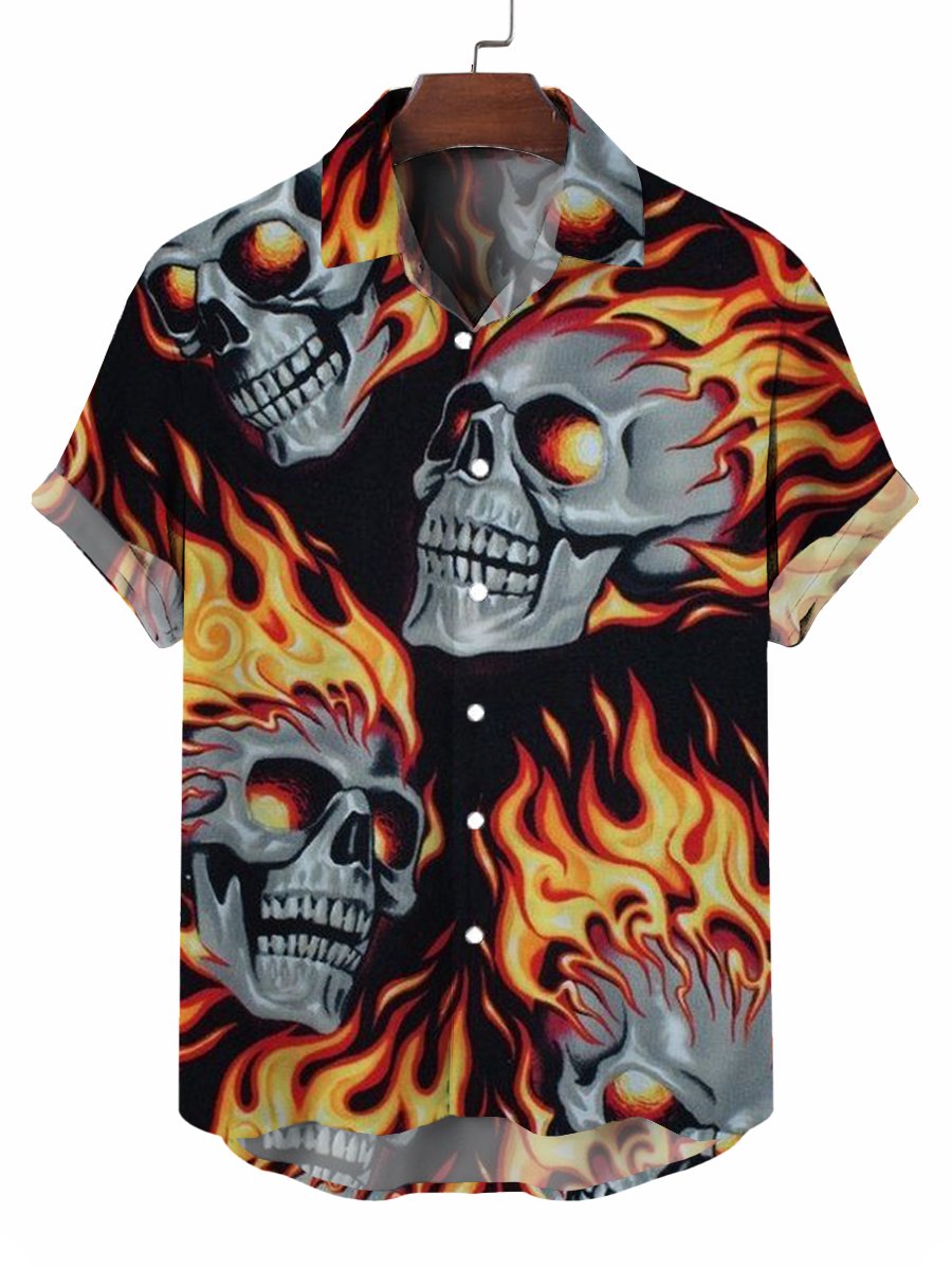 Skull Print Short Sleeve Button Down Shirt