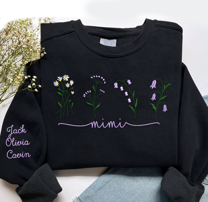 Custom Text Mimi Flower- Embroidered Hoodie, Sweatshirt, Tshirt - Gift for Family