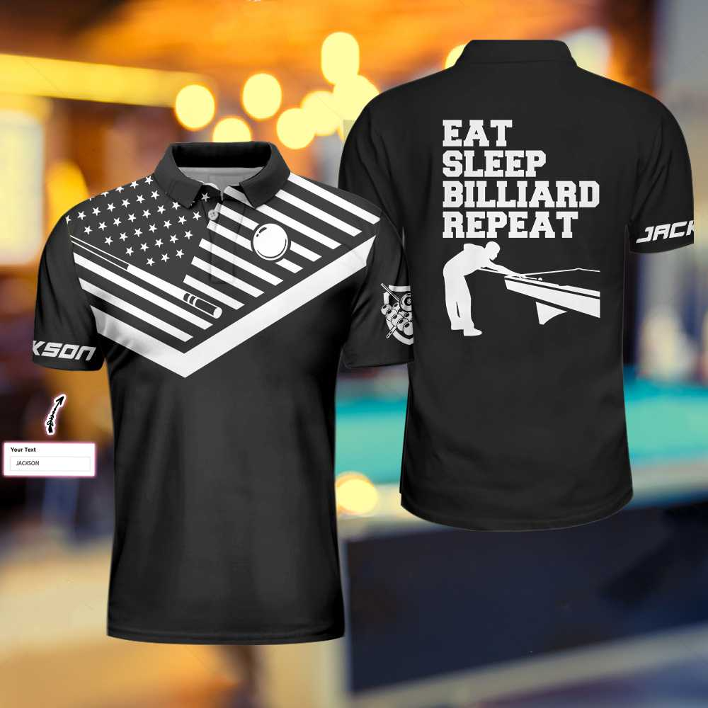 Personalized Eat Sleep Billiard Repeat Billiard American Flag Polo Shirt