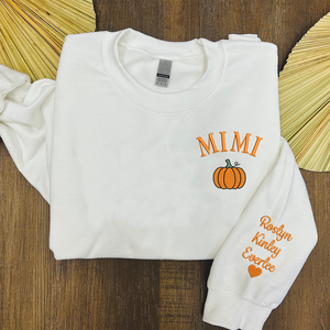 Custom Text Mimi Pumpkin With Grandkids - Embroidered Hoodie, Sweatshirt, Tshirt - Gift for Grandma