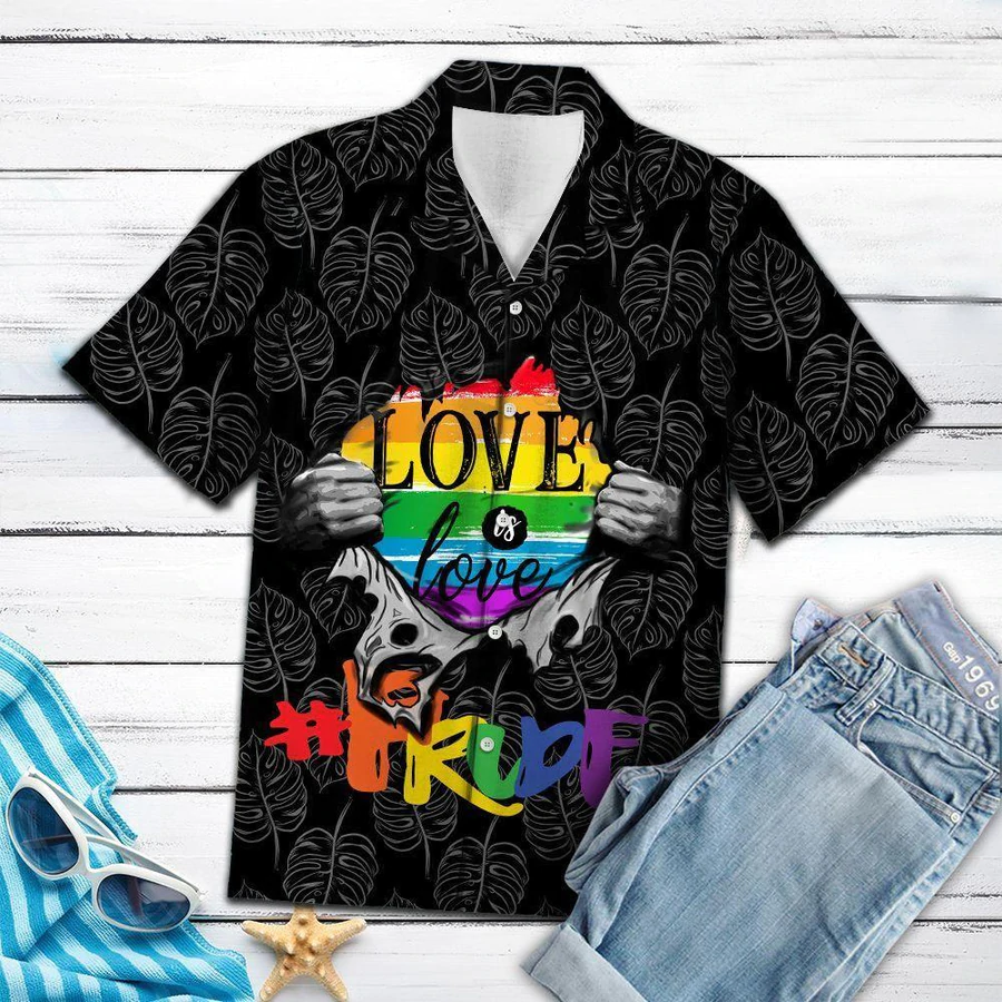 LGBT  Love Is Love Inside Black White Tropical Leaves Hawaiian Shirt