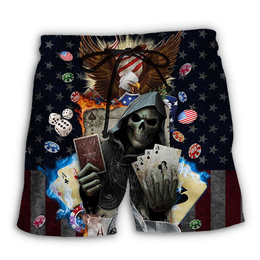 Poker Skull Flame US Flag Independence Day - Beach Short