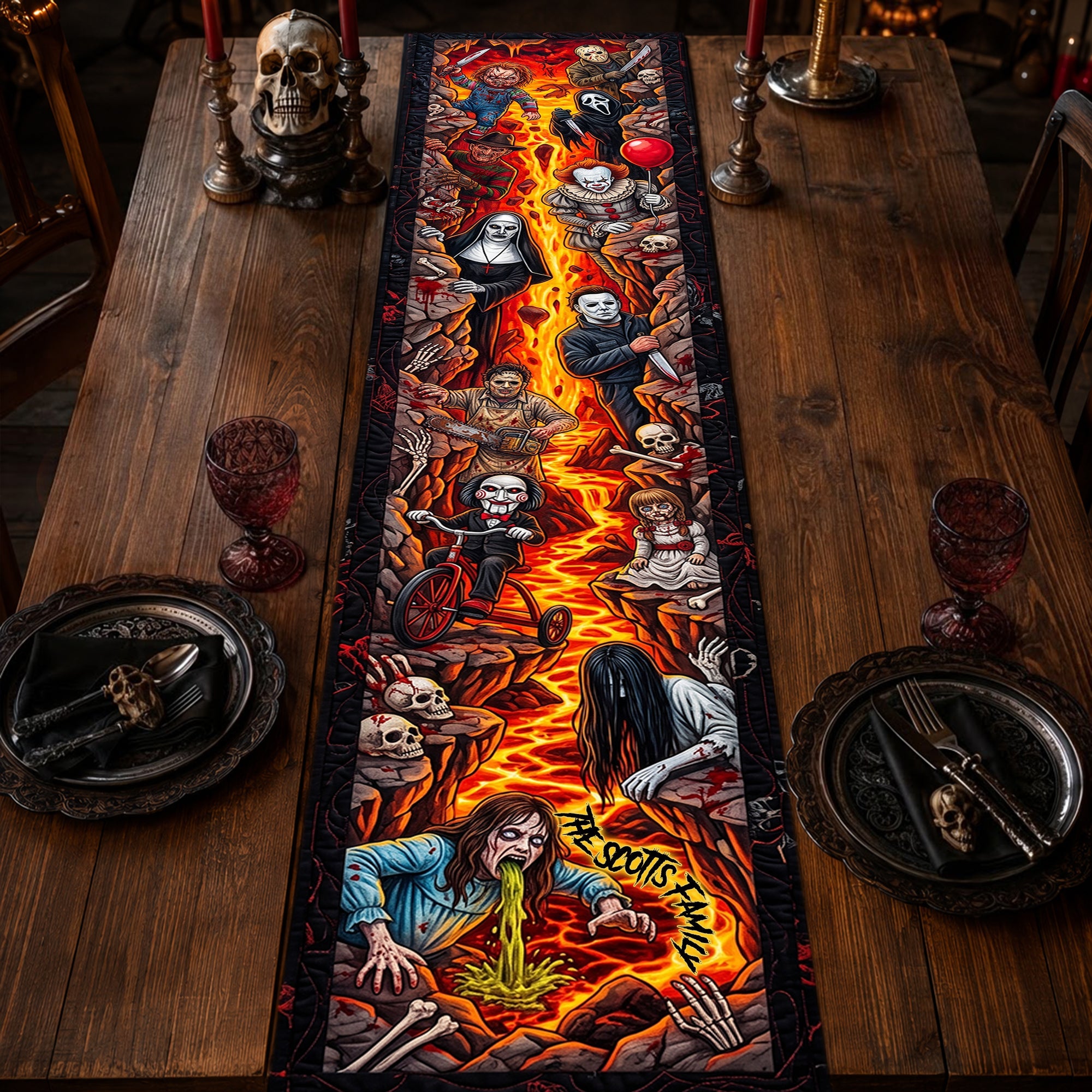 Creepy Horror Halloween Dining Table Decor, Spooky Party - Personalized Quilted Table Runner LA02