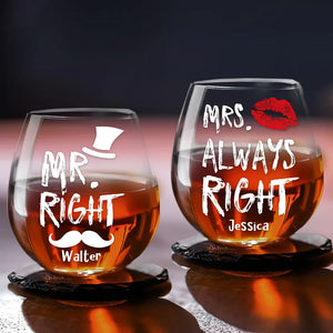 Mr And Mrs Right - Personalized Stemless Wine Glass - Gift For Couple, Husband Wife, Wedding, Engagement, Marriage Gift NA94