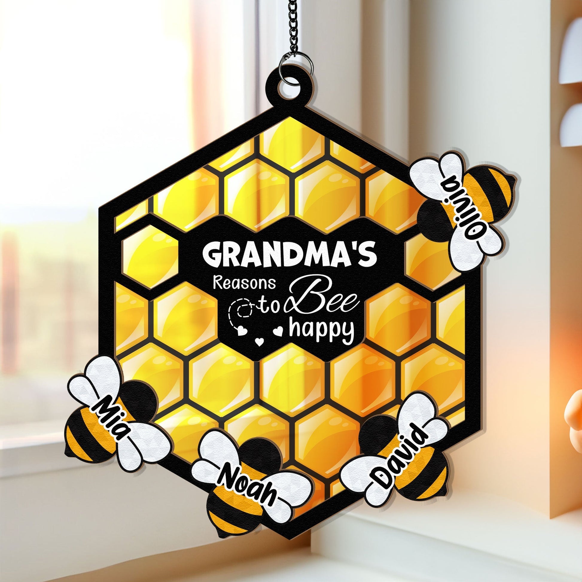 Mommy's Reasons To Bee Happy - Personalized Window Hanging Suncatcher Ornament - Gift For Mom, Grandma, Mothers Day NA94