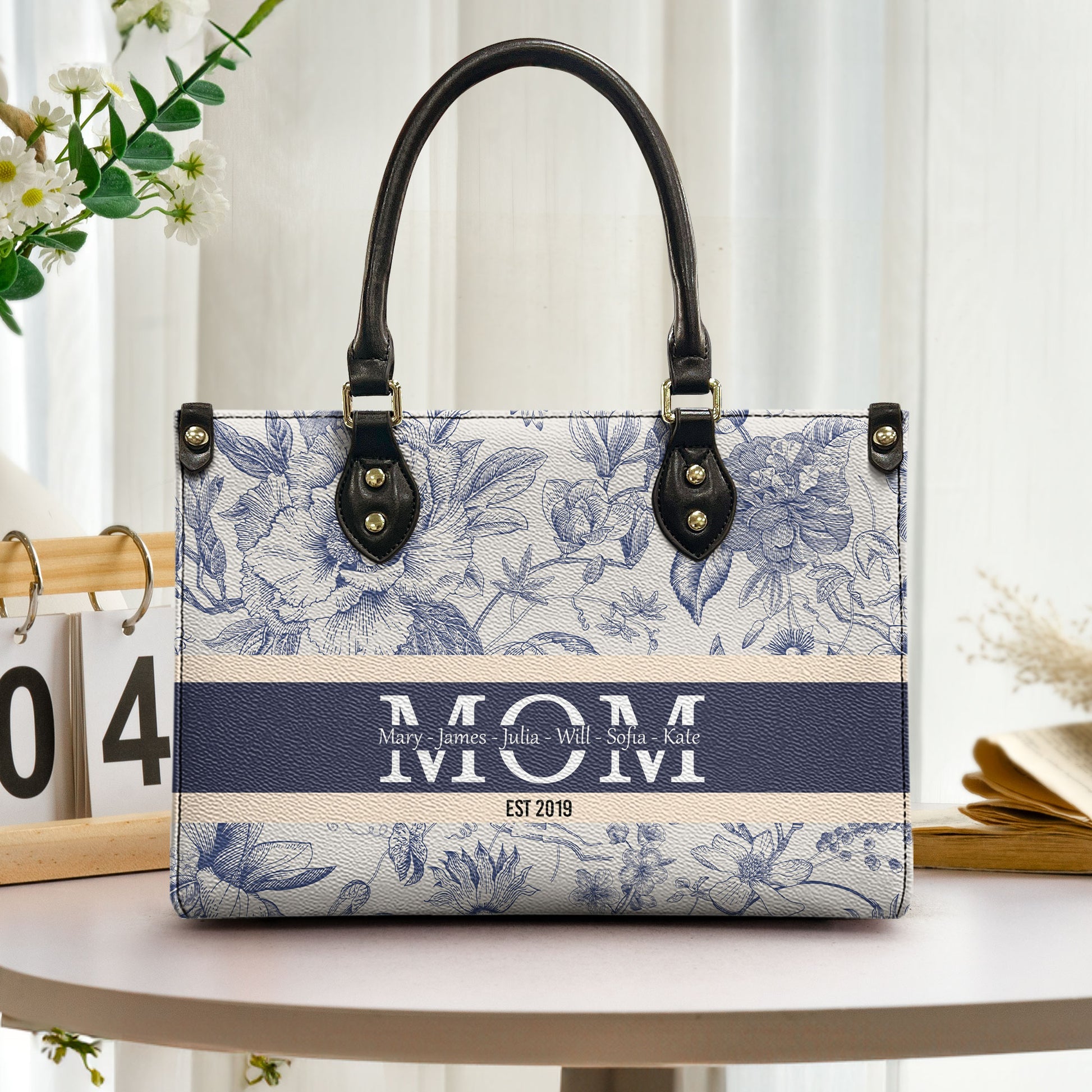 Custom Kids Names Floral  - Personalized Leather Bag - Loving Gift For Mother, Grandma, Grandmother, Mother's Day | NA94