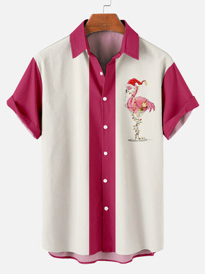 Christmas Flamingo Pink Men's Short Sleeve Hawaiian Shirt