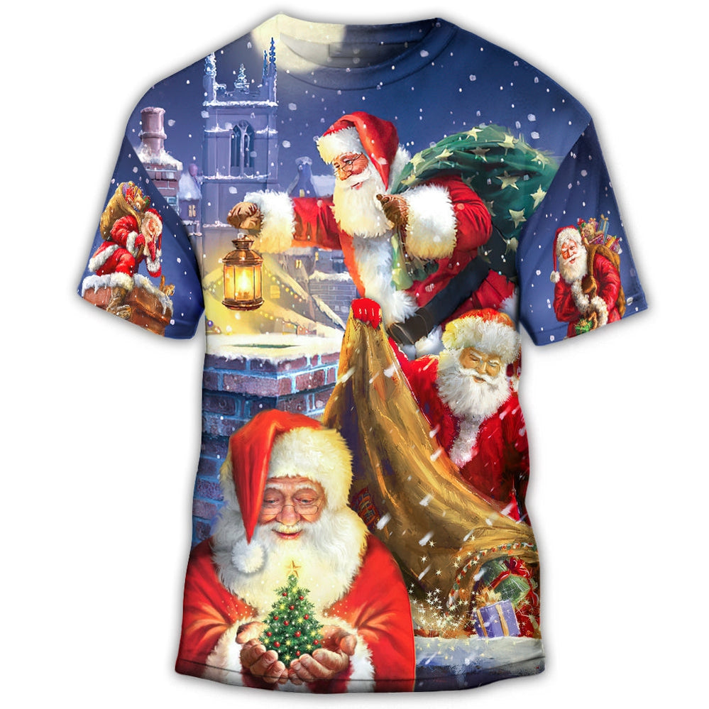 Christmas Funny Santa Claus Up On Rooftop Art Style T-Shirt