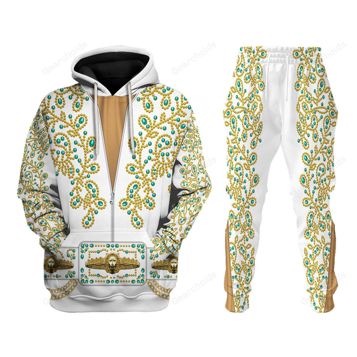 Elvis Spanish Flower - White With Green Stones - Costume Cosplay Hoodie Sweatshirt Sweatpants