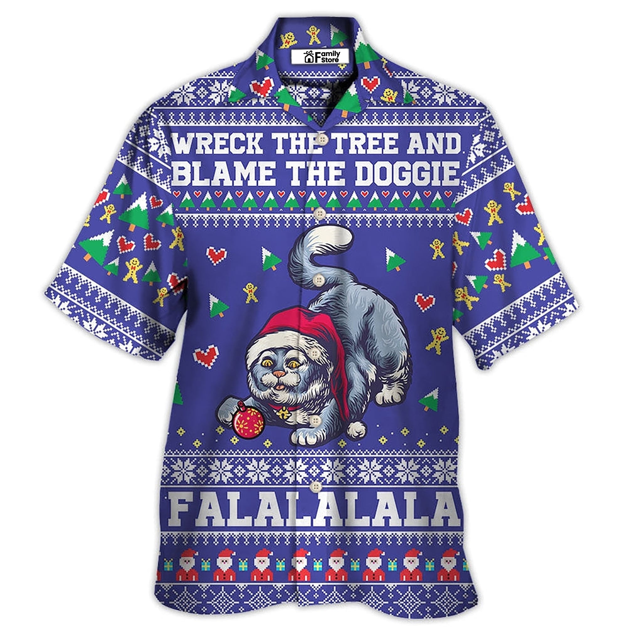 Grey Cat Wreck The Tree And Blame The Doggies Christmas Hawaiian Shirt