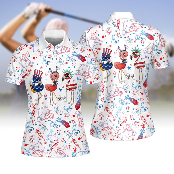 Flamingo Independence Day Pattern Women Golf Apparels Polo Shirt