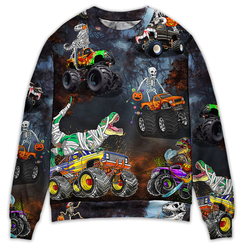 Halloween Skeleton Jurassic Park Dinosaur Driving Monster Truck - Sweater