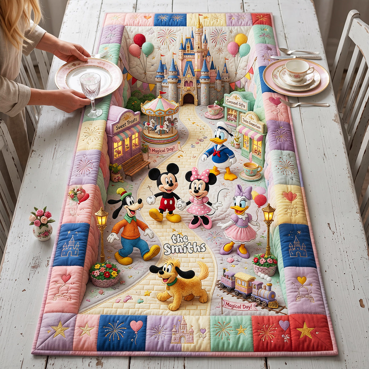HH01 MkMo Sweet Street With Magic Mouse Custom Name Gift For Family - Personalized Quilted Table Runner