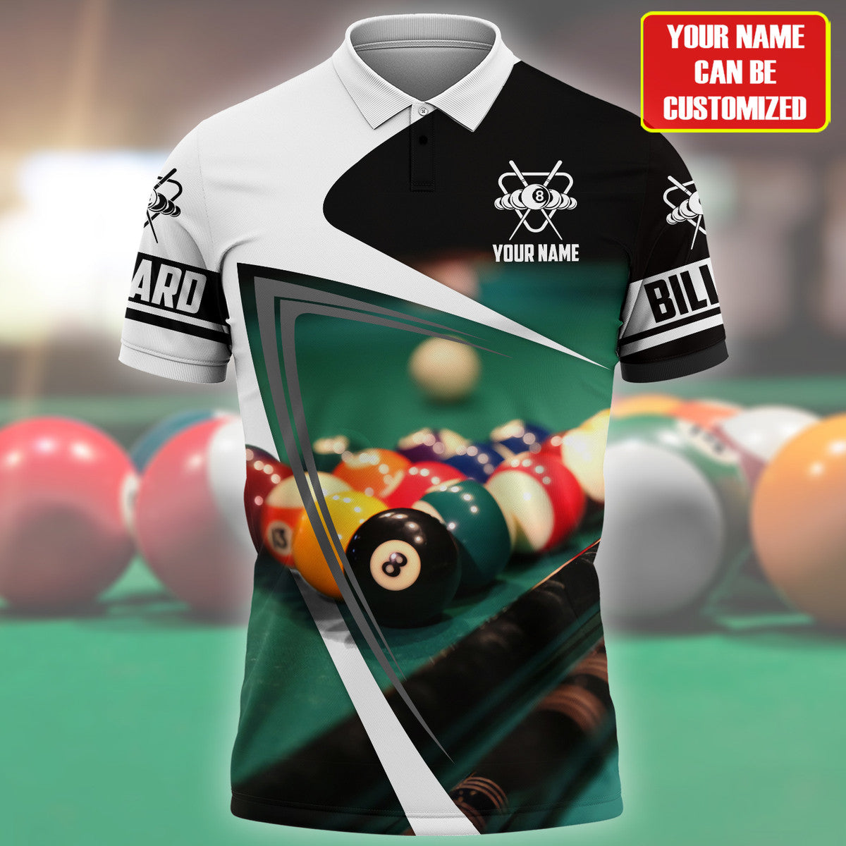 Personalized Name Black and White Pool Billiard Polo Shirt, Billiard Apparel Shirt