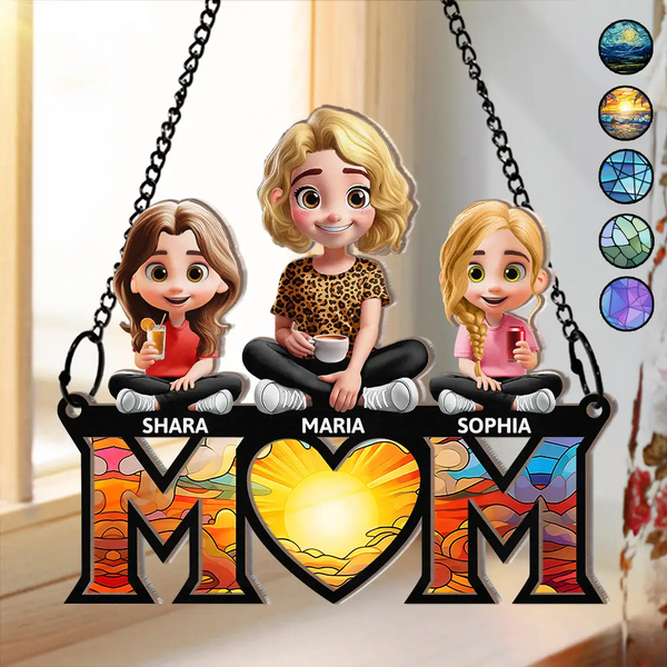 Young Mother Daughter Son We Love You Mom 3D Cartoon - Personalized Window Hanging Window Hanging Suncatcher Ornament - Gift For Mom, Grandma, Mother's Day | GR25 NA94