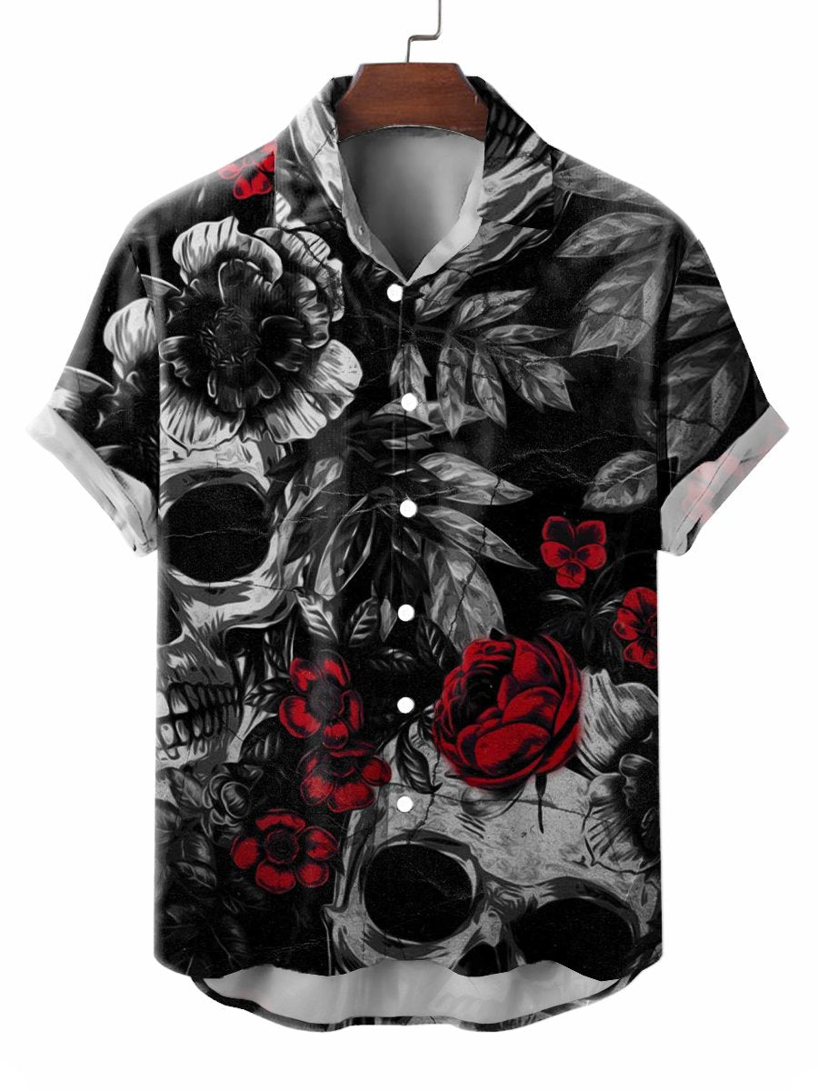 Skull Rose Print Casual Short Sleeve Hawaiian Shirt