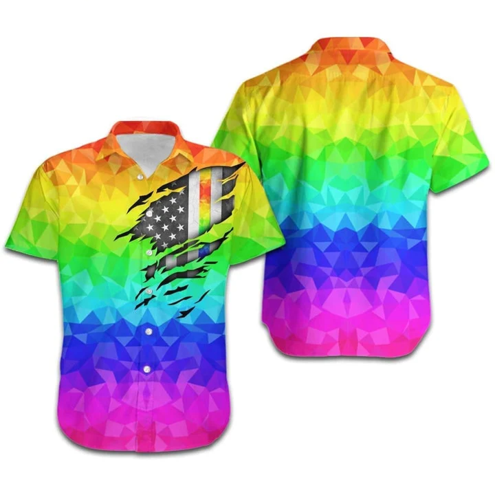 Lgbt Pride Rainbow Polygonal American Flag Inside Hawaiian Shirt